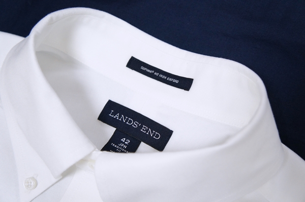 ランズエンド　綿　白　ビジネスシャツ　メンズ・ノーアイロン・スーピマ・オックスフォード／無地／ボタンダウン／ベーシックフィット／半袖